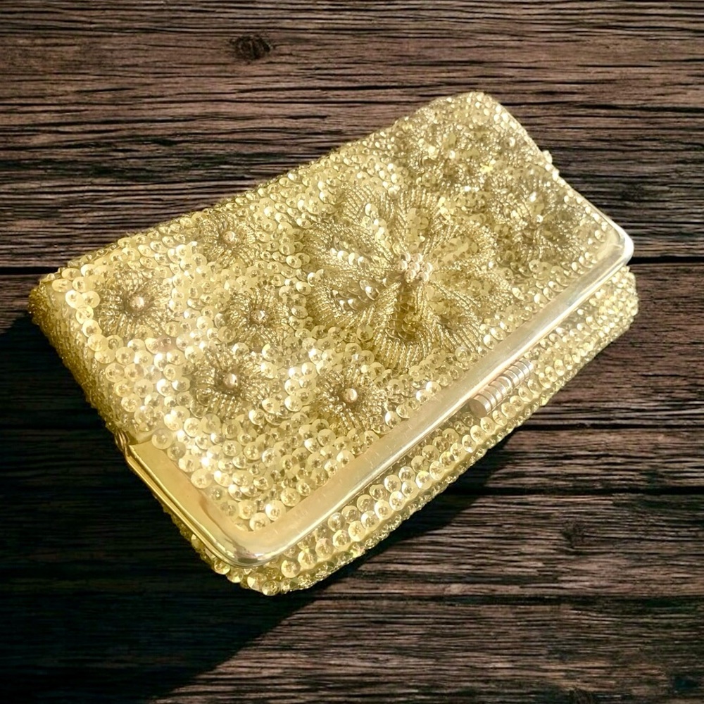 Vintage Gold Satin Sequin & Beaded Folded Clutch Bag - Picture 8 of 15